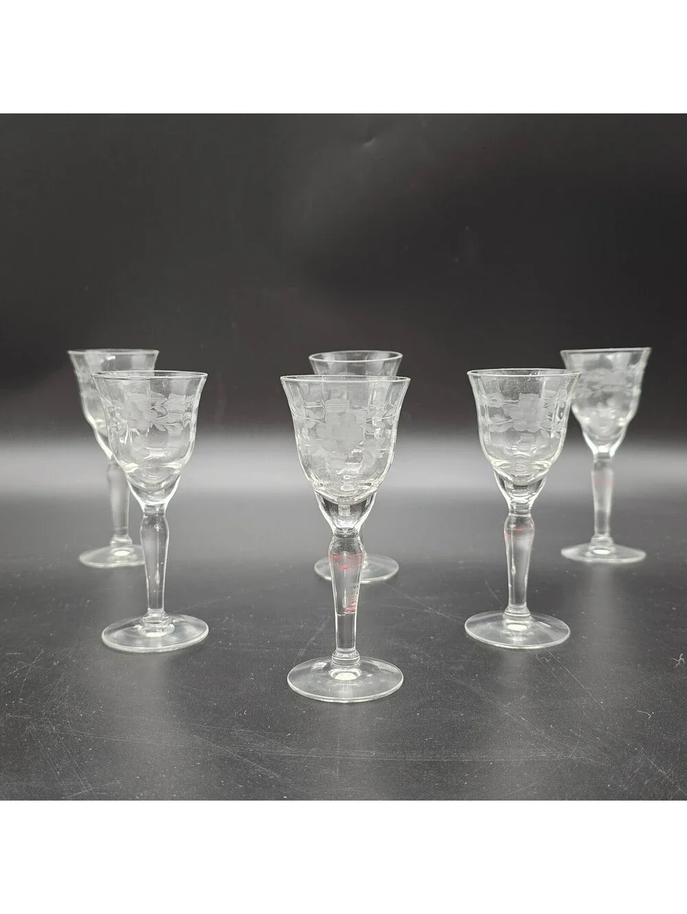 Vintage Rock Sharpe Libbey 3005-10 Etched Floral Cordial Liqueur Glasses - 6